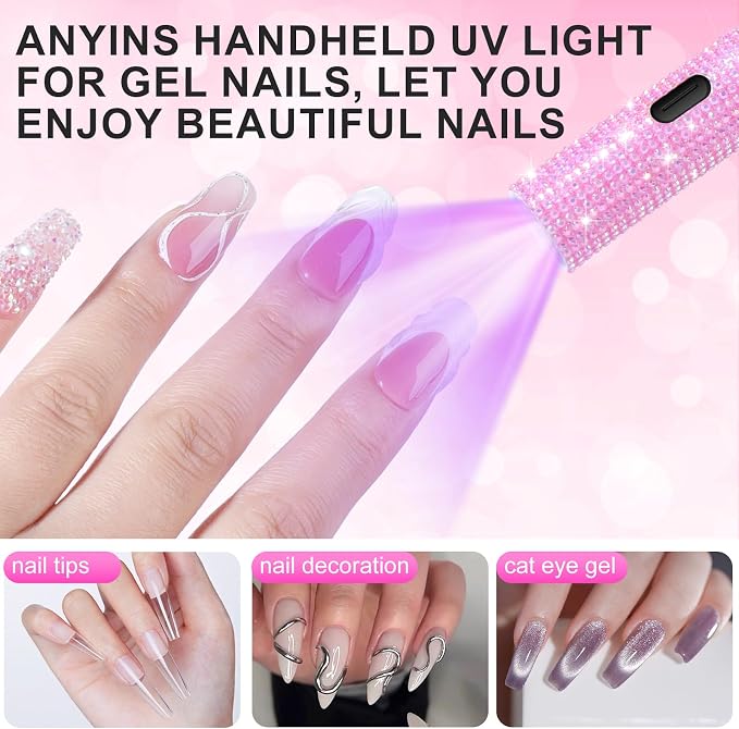 Handheld UV Light for Gel Nails, Pink Diamond Gel Light for Nails Cordless Nail Lamp with LCD Display Fast & Even Curing for All Gel Types Rhinestone Glue Decoration DIY at Home Salon, Travel