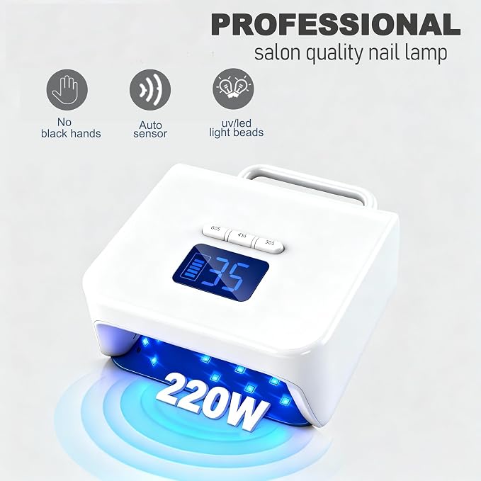 UV Nail Lamp Cordless,220W UV Light for Gel Nails, Rechargeable Professional LED Nail Lamp with 48 Beads & Touch Display, Gel Light Dryer with Built-in 3-Timer Modes,Curing Lamp for Salon & Home