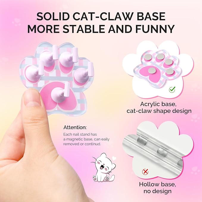 MelodySusie Update Nail Stand for Press Ons, Cute Cat Claw Magnetic Base for Painting Display Holder with Reusable Double-Sided Tape for Home DIY Salon Supplies, Rose Pink