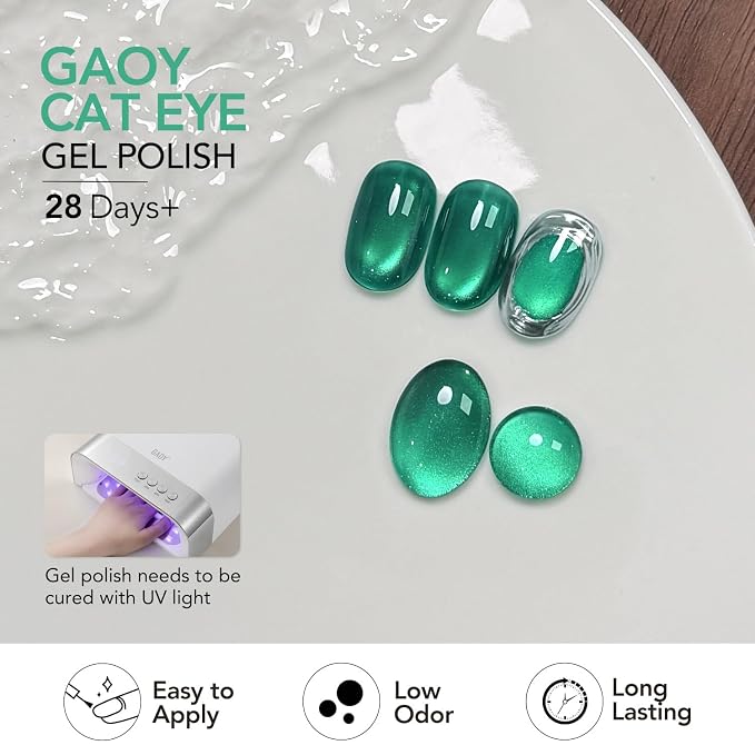 GAOY Glass Cat Eye Gel Nail Polish Set 6 Colors with Magnet, Aurora Soda | Gemstone Nail Art, UV Lamp Required, Red Green Blue Gold Pink Glitter Holographic, Christmas Holiday, DIY at Home Salon