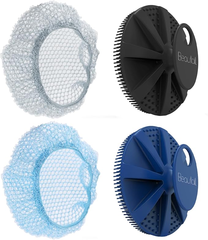 Silicone Body Scrubber and Scrub Net Set, BEAUTAIL 4 Pack for Rich Lather | Gentle Silicone Shower Brush or Firmer Exfoliating Bath Net, Deep Cleansing & Exfoliation, 2 Brushes + 2 Nets for Men & Women