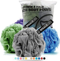 Bath Loofah Sponge for Shower - Body Scrubber 4-Pack Gray Blue Green Purple | 10X Suds Save Body Wash Double Knotted Anti Tear Core Fast Dry Cotton Loop Stay Fresh Large Mesh for Sensitive Skin