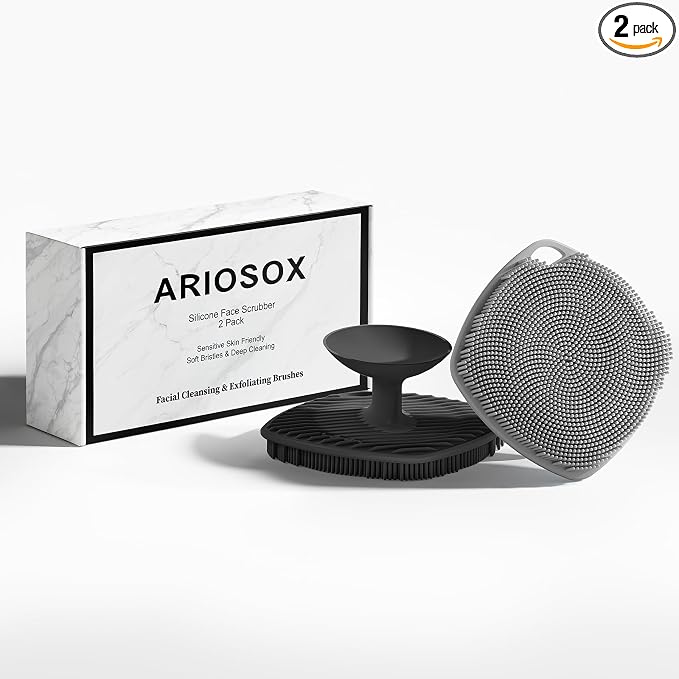2 Pack Face Scrubbers, Silicone Face Scrubber Soft Bristles, Gentle Lather, Exfoliating & Deep Cleaning for Sensitive Skin, Giant Suction Cup Stick Securely, Easy to Store (Black + Gray)