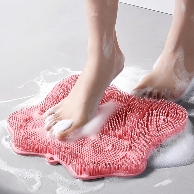 Shower Foot Scrubber, Shower Foot and Back Scrubber with Suction Cups, Shower Silicone Foot Washer for Exfoliating Massage（Pink）
