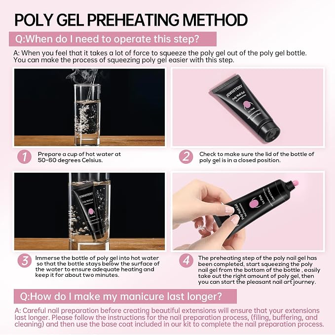 JEWHITENY Poly Extension Gel Nail Kit 14 PCS Poly Gel Kit with Slip Solution and Mini Lamp Nail Art Design Beginner