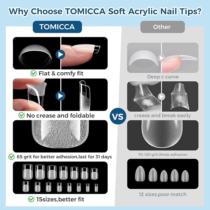 TOMICCA Short Square Nail Tips, 240pcs 15 Sizes, Soft Gel Tips | Half Matte Pre-Shaped Full Cover Clear Fake Nails, Acrylic Press on Nails for Extension, Beginners and Professional Salon