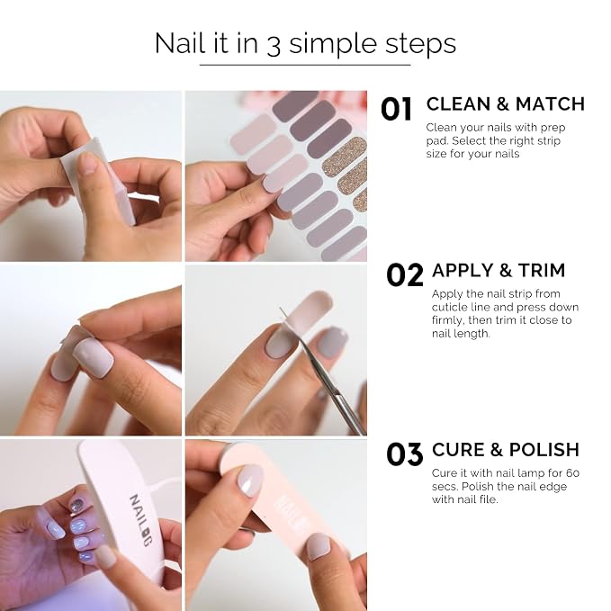Nailog Semi Cured Gel Nail Strips 34 pcs | Long Lasting Nail Polish Sticker Wraps with Glossy Gel Finish | Idyll