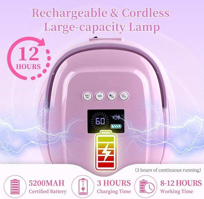 126W Rechargeable UV LED Nail Lamp, Portable Cordless Nail Dryer with Auto Sensor and 4 Timer Settings, Professional Curing Lamp for Gel Polish and Salon (Purple)