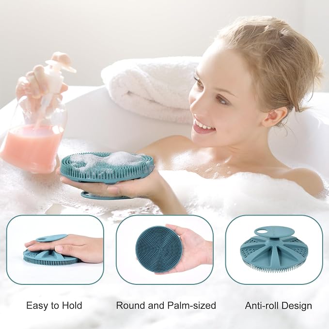 INNERNEED Food-Grade Soft Silicone Body Scrubber Shower Brush, Dark Green | Handheld Cleansing Skin Brush, Gentle Exfoliating and Lather Well, Hygienic Bath Scrub for Women, Men