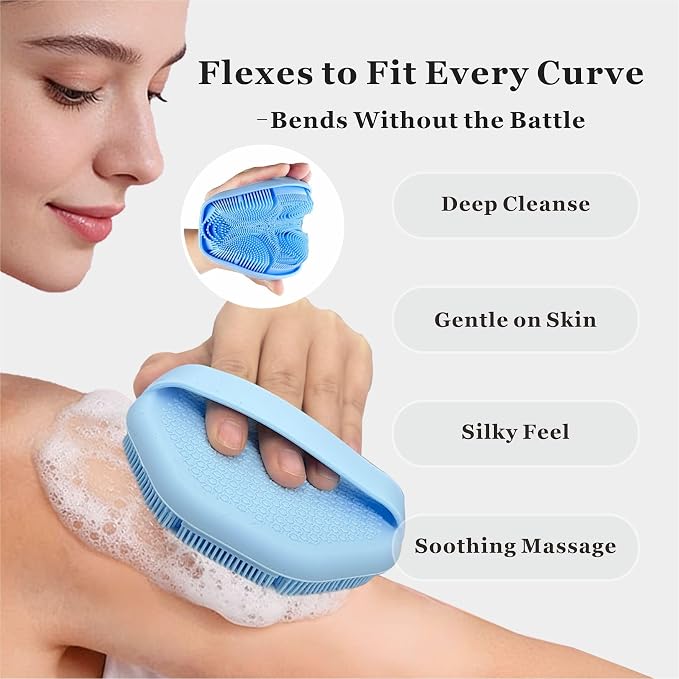 Silicone Body Scrubber 2-Pack, Shower Scrubber with Soft Bristles | 100% Silicone, Soft Bristles, Hole for Hanging, Anti-Slip Strap, Gentle Exfoliating, Lather Well, Sensitive-skin safe