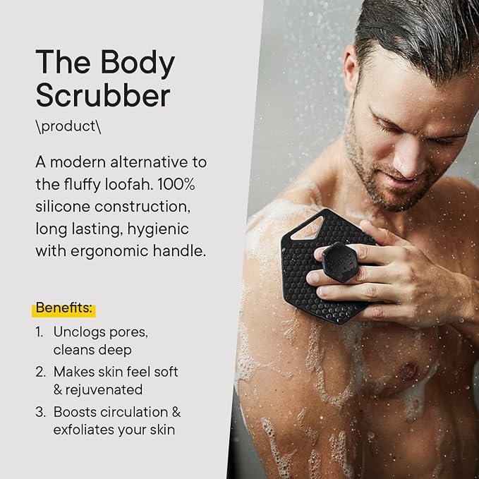 TOOLETRIES Silicone Body Scrubber, Shower Scrubber with Hook - Charcoal | Exfoliating shower scrubber for sensitive skin that dries quickly and stays hygienic for everyday use.