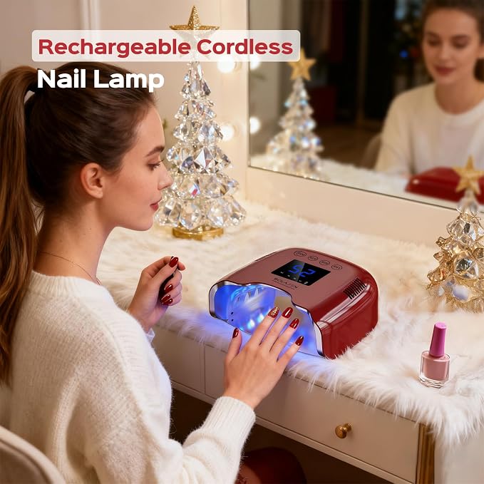 BOLASEN Cordless Rechargeable UV Nail Lamp - UV Light for Gel Nails with Metallic Reflector & Metal Base, 54W Portable Wireless LED Nail Dryer, Professional Fast Charger Curing Lamp for Salon, Red