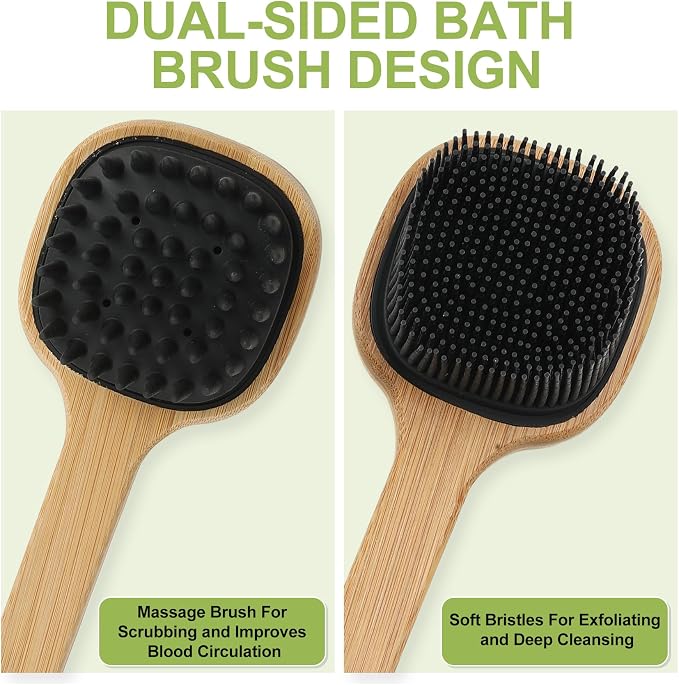 Silicone Back Scrubber for Shower, Stocking Stuffers for Men, Silicone Bath Body Brush Loofah with Long Handle, Dual-Sided Shower Brush for Body, Black Exfoliating Body Scrubber Back Washer with Hook