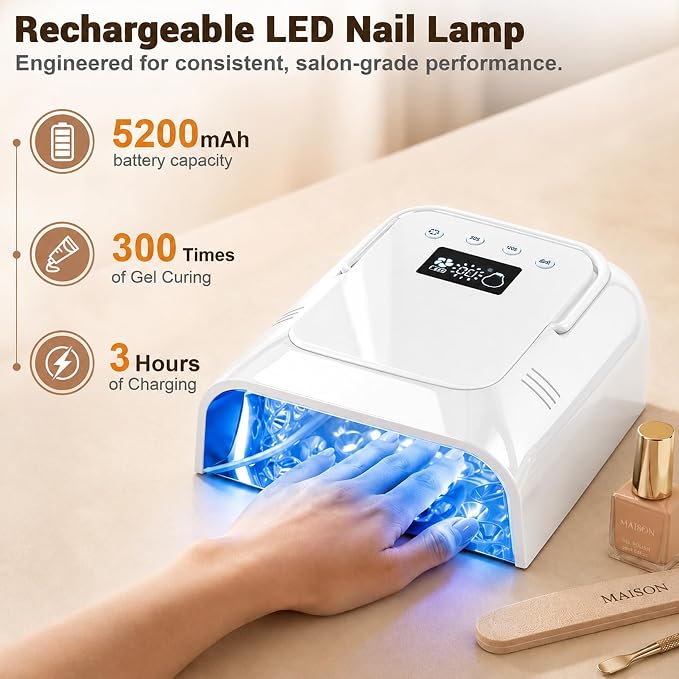 Rechargeable UV LED Nail Lamp Cordless, 108W Professional Nail Lamp for Gel Nails with Cooling Fan,Fast Drying Nail Dryer for Home or Salon Use（White）