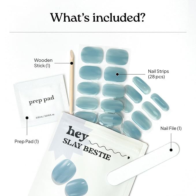Heyhae Semi Cured Gel Nail Strips Salon Quality - Hey, Slay Bestie | No UV Light Needed | Salon Quality, Easy Apply & Remove | 28 Strips, 1 Prep Pad, Nail File, Wooden Stick | Blue Jelly