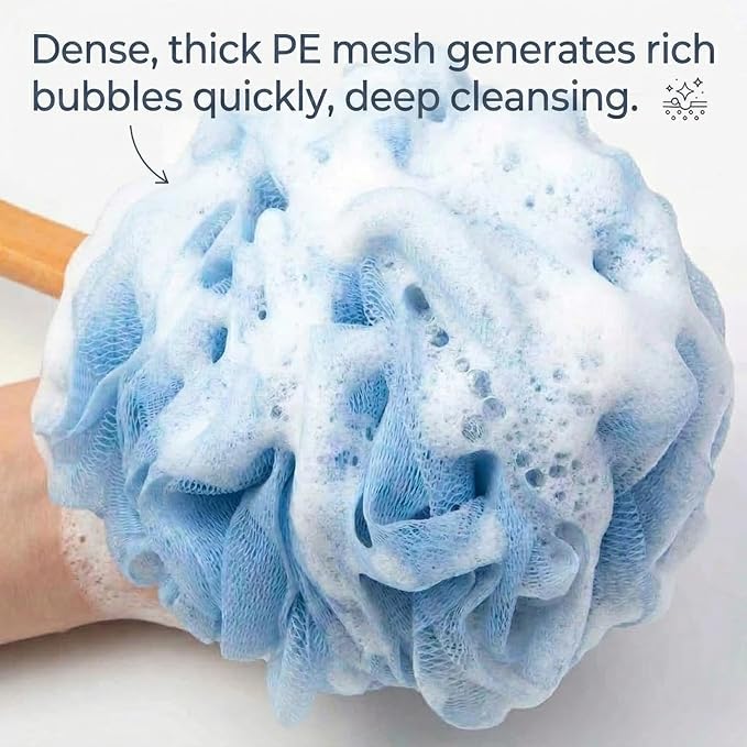 Loofah Back Scrubber for Shower, Wooden Long Handle Bath Sponge Lufa Shower Brush, Soft Nylon Mesh Back Cleaner Washer, Women & Men Exfoliating Luffa Pouf on a Stick for Body (Blue)