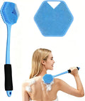 14" Silicone Back Scrubber for Shower, Long Handle Body Brush | Soft Bristles Exfoliate&Massage Skin. Non-Slip Grip, Reach Full Back Easily. Ideal for Men&Women, Bath Use. Blue.