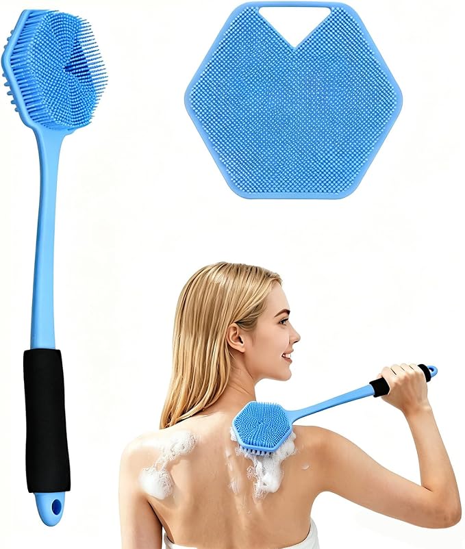 14" Silicone Back Scrubber for Shower, Long Handle Body Brush | Soft Bristles Exfoliate&Massage Skin. Non-Slip Grip, Reach Full Back Easily. Ideal for Men&Women, Bath Use. Blue.