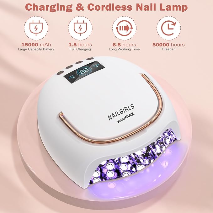 NAILGIRLS 80W Professional Cordless Nail Lamp, Rechargeable Fast-Dry Light with Smart Sensor, Intelligent LCD Display & 4 Timer Settings Nail Curing Lamp for Salon-Quality Gel Manicures