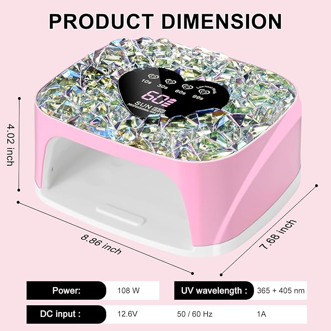 LIMEGIRL UV LED Nail Lamp Kit for Gel Polish Professional Fast Pink Diamond Design Curing Dryer Light Set with 4 Timers and Gloves Cordless Rechargeable Nail Art Cure Machine at Home and Salon