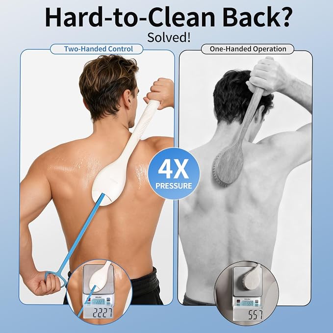 Extendable Silicone Back Scrubber, 17"-32", 4X Firm Scrub,White | Dual handles for 4X power. Zinc-infused BPA-free silicone. 40D firm bristles for deep exfoliation. Ideal oily skin, Quick-dry