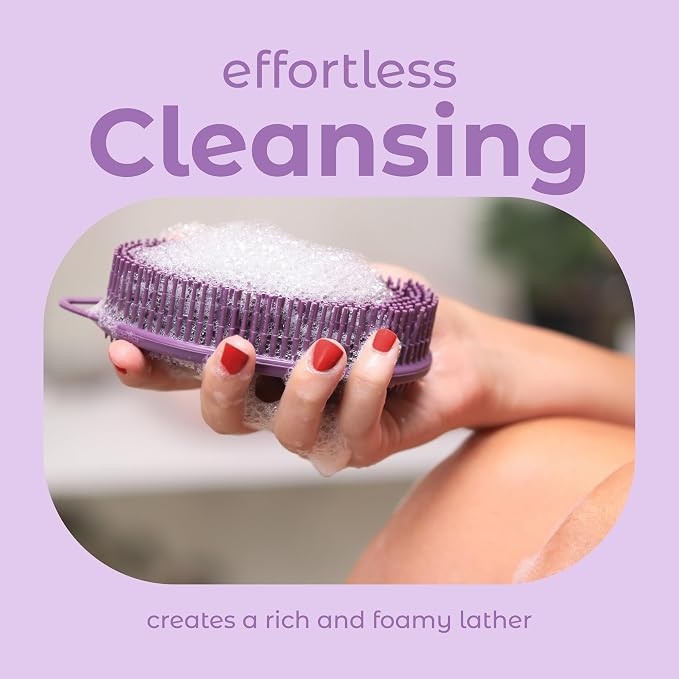MainBasics Silicone Body Scrubber Dual-Sided, Purple, Exfoliate | Shower Exfoliator For Men & Women, Gentle Silicone Loofah Alternative for Deep Clean