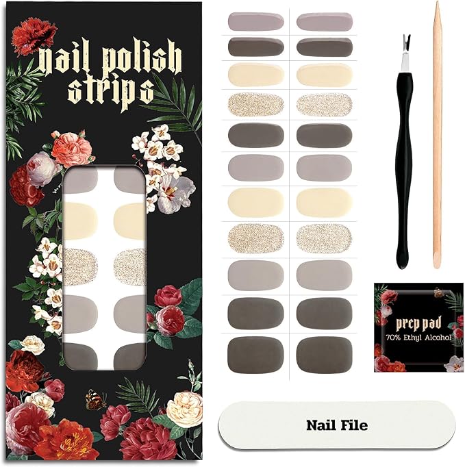 Nail Polish Strips - No UV Lamp Needed (Sparrow Brown&Yellow) | 22 Pcs Salon Quality Gel Nail Stickers - Long Lasting Wraps Easy Application and Removal