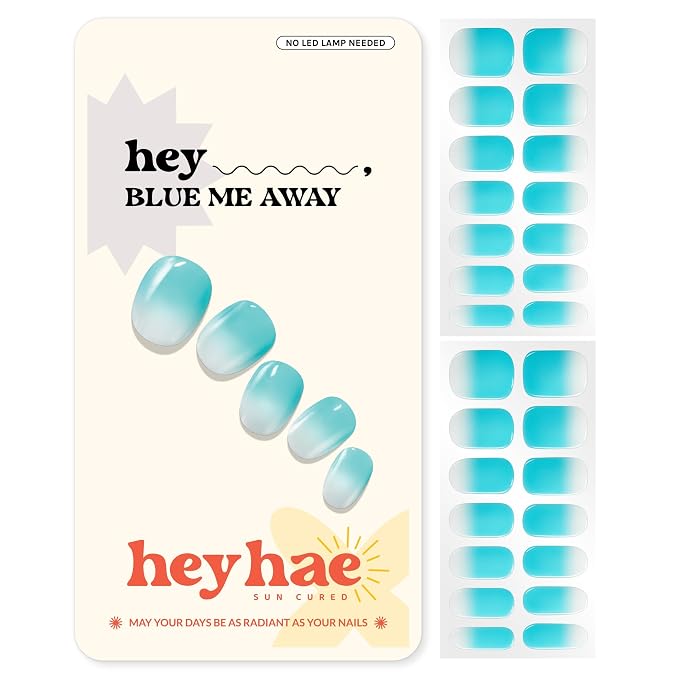 Heyhae Semi Cured Gel Nail Strips Salon Quality - Hey, Blue Me Away | No UV Light Needed | Salon Quality, Easy Apply & Remove | 28 Strips, 1 Prep Pad, Nail File, Wooden Stick | Blue Ombre