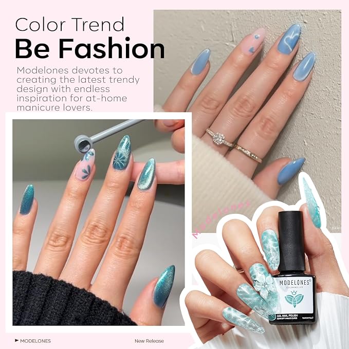modelones Cat Eye Gel Nail Polish Set Glitter 6Colors Baby Blue Green