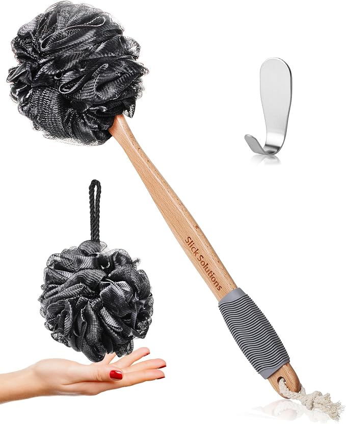 Slick- Loofah with Handle, 17", Gray, Loofah Back Scrubber with Long Wooden Handle, Shower Supplies