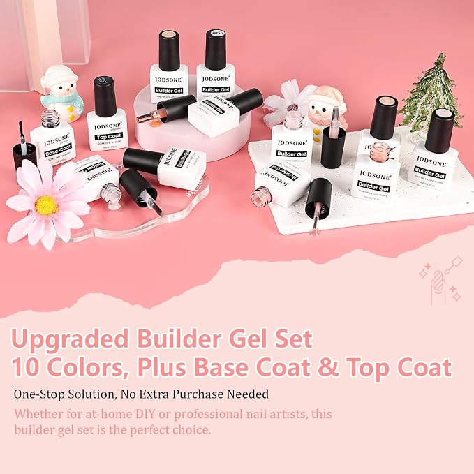JODSONE 10 Colors Builder Nail Gel Polish Set with Base Coat and Top Coat No Wiping for Nails Strengthener Hard Nail Extension Gel LED Nail Lamp Cured