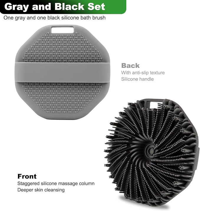 2-Pack Silicone Body Scrubber Shower Brushes,Exfoliating Body Scrubber for All Skin Type, Eco Friendly Shower Scrubber for Body, Silicone Body Brush for Showering (Black & Gray)