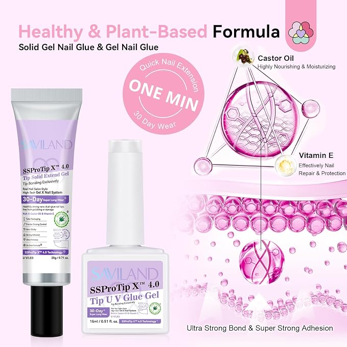 SAVILAND Press On Almond Nails: 4-In-1 Tips With Glue, White Pink Ombre Medium, 256 Pcs False Tips, Strong Glue, Mini Lamp, Electric Drill, Nail Stuff for Home