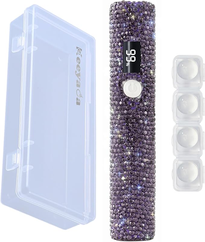 Handheld UV Nail Lamp with Sparkly Rhinestones Purple | 3W Portable LED Nail Lamp, Wireless Rechargeable USB Nail Dryer with Silicone Stamper, LCD Display, for Home DIY Manicures