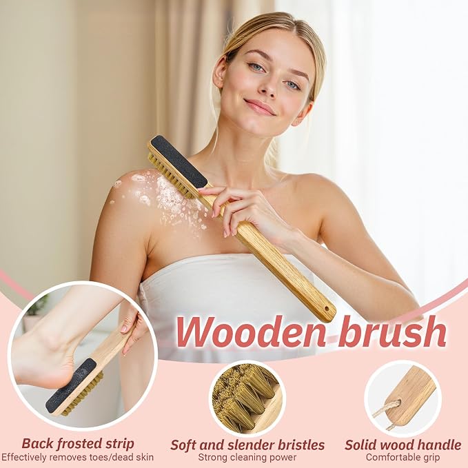 Long Handle Toe Gap Cleaning Brush+Body Shower Brush+Foot Grinder, Pink | Silicone Foot Scrubber for Shower, Feet Cleaner Scrub Foot Care for Seniors,Elderly, Men and Women
