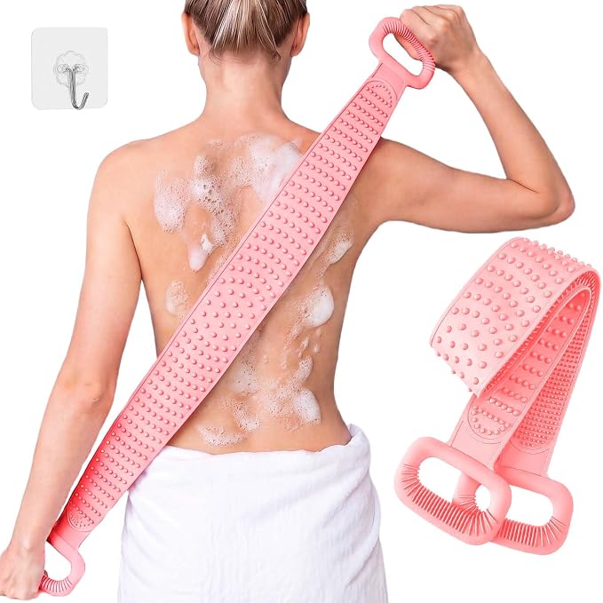 Manmihealth 36'' Extendable Silicone Back Scrubber for Shower Pink | Back Washer with Long Strap Handle, Dual-Sided Silicone Body Brush for Men and Women