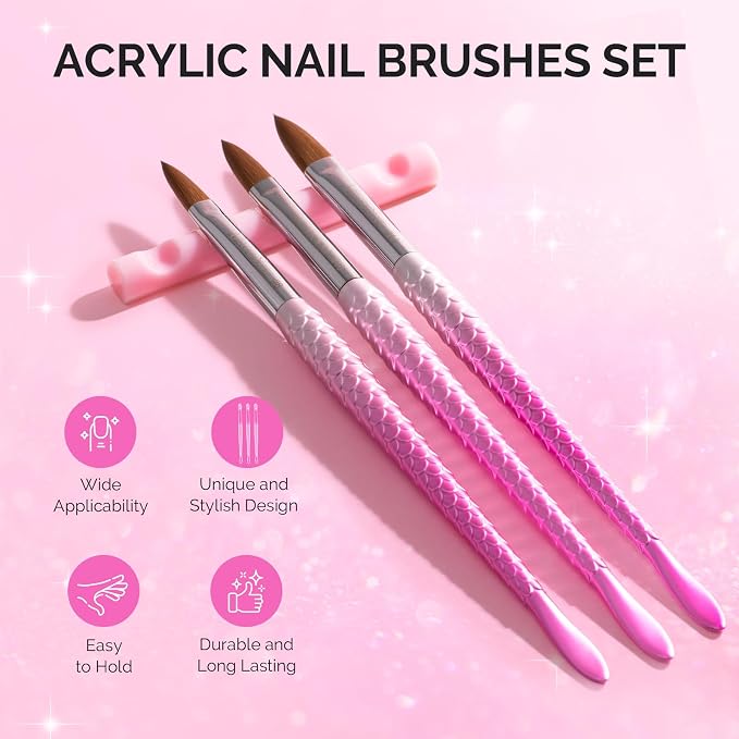 MelodySusie 3Pcs Acrylic Nail Brush Set, Size 8/10/14 with Brush Holder, Nail Art Brushes for Acrylic Application Powder Nail Extension and 3D Carving, Nail Art Tools for DIY Home Salon, Pink-Silver