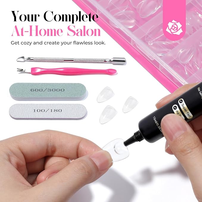 UNA GELLA Gel Nail Kit Extra Short Almond Nail Tips 216Pcs and Glue Air Dry | Pre-Etched Soft Gel Nail Tips, Nail Glue Gel No U V Needed, Extra Short Press on Nails, Cuticle Trimmer & File for Home DIY