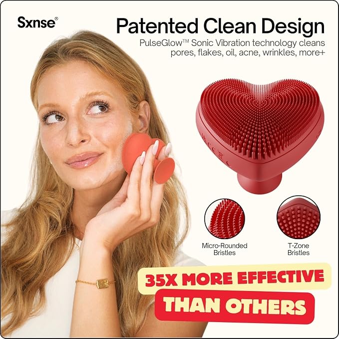 Heart Face Clean Pro⁺ - Electric Silicone Facial Scrubber for Acne with 7000+ Sonic Pulses - IPX7 Waterproof Rechargeable Exfoliator with Slip-Free Grip, 3 Speed Settings & Phthalate-Free - Cherry