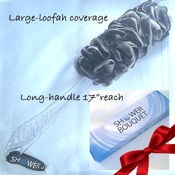 SHOWER BOUQUET Charcoal Back-Loofah-with-Handle | 2-Pack Loofa Stick Lufa | Bath-Sponge Brush Luffa | Long Handled Loofah on a Stick for Men & Women | Exfoliating Mesh Back Scrubber for Shower & Bath