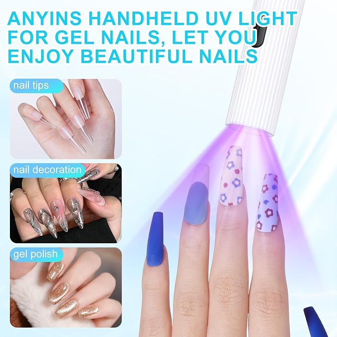Handheld UV Light for Gel Nails, White Gel Light for Nails Cordless Nail Lamp with LCD Display Fast & Even Curing for All Gel Types Rhinestone Glue Decoration DIY at Home Salon, Travel