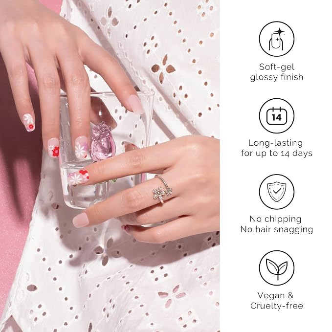 Nailog Semi Cured Gel Nail Strips 34 pcs | Long Lasting Nail Polish Sticker Wraps with Glossy Gel Finish (Florid)