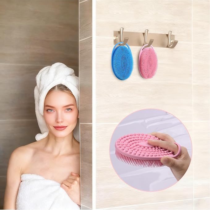 2 Pack Silicone Body Scrubber, Exfoliating Shower Scrubber for All Skin | 2 in 1 dual-sided design, soft bristles and massage bumps side, fast-drying, non-slip handle, for women and men, Blue+Pink