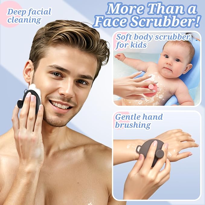 Silicone Back & Face Scrubber Set, 15.35’’ Soft Back Scrubber for Shower with Dual-Side Brush Head, Gentle Silicone Facial Scrubber Face Brush for Deep Lathering & Cleansing(Black-2PCS)