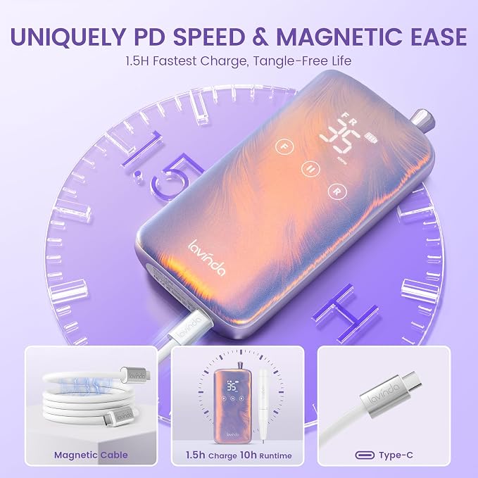 Lavinda Professional Nail Drill - 35,000 RPM Rechargeable Electric Nails File with Cordless Motor, Fast Charge & 3000mAh, 8-Piece Nail Drill bits Set for Manicure/Pedicure (Iridescent Pearl)