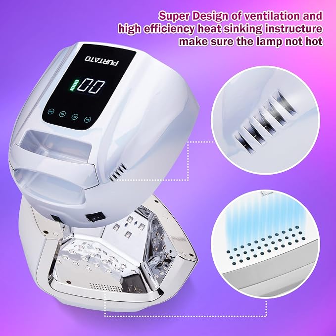 PURTATO Professional Rechargeable 96W UV LED Portable Cordless UV Light for Nail Lamp Machine with Removable Stainless Steel Bottom,4 Timer Setting and Smart Sensor Nail Dryer (Plating Silver)