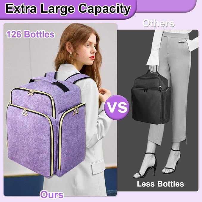 Nail Polish Organizer Backpack Holds 126 Bottles& Nail Lamp, Extra Large Nail Kit Supplies Organizer Bag with 3 Removable Cases, Portable Nail Organizers and Storage for Travel (Noble Purple)