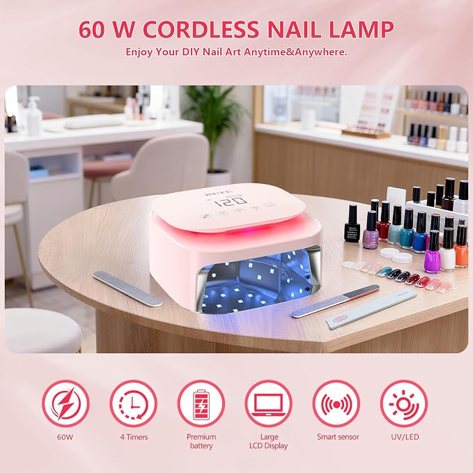 BETE 60W Cordless UV LED Nail Lamp - Rechargeable Gel Polish Dryer with Auto Sensor, 30 Beads & 4 Timer Settings Portable for Home/Salon Pink