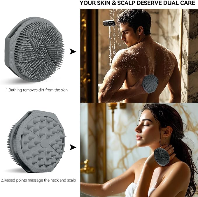 Silicone Body Scrubber, Dual-Sided Silicone Loofah for Shower, Exfoliating Body Brush Scrubber for Men and Women for All Skin, Scalp Scrubber Lather Well＆Easy to Clean (Gray)