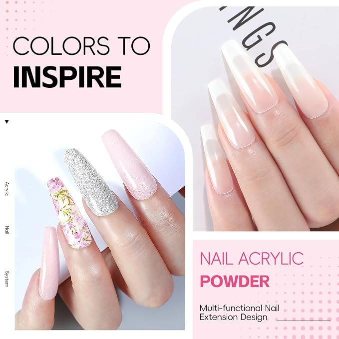 58PCS Acrylic Nail Kit for Beginners with Everything, 3 Colors Professional Acrylics Powder with Drill and U V Light 24pcs Glitter Decoration Complete Acrylic Nail Set Home Salon Design Gift Set